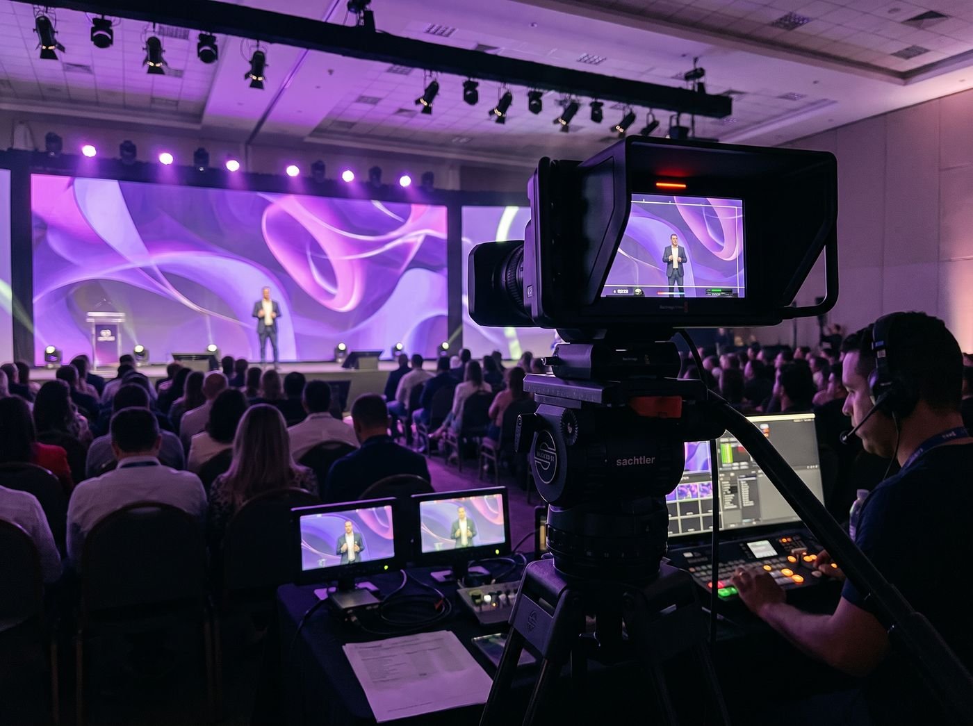 Equipe de transmissão com câmeras Blackmagic e mesa de corte em um congresso